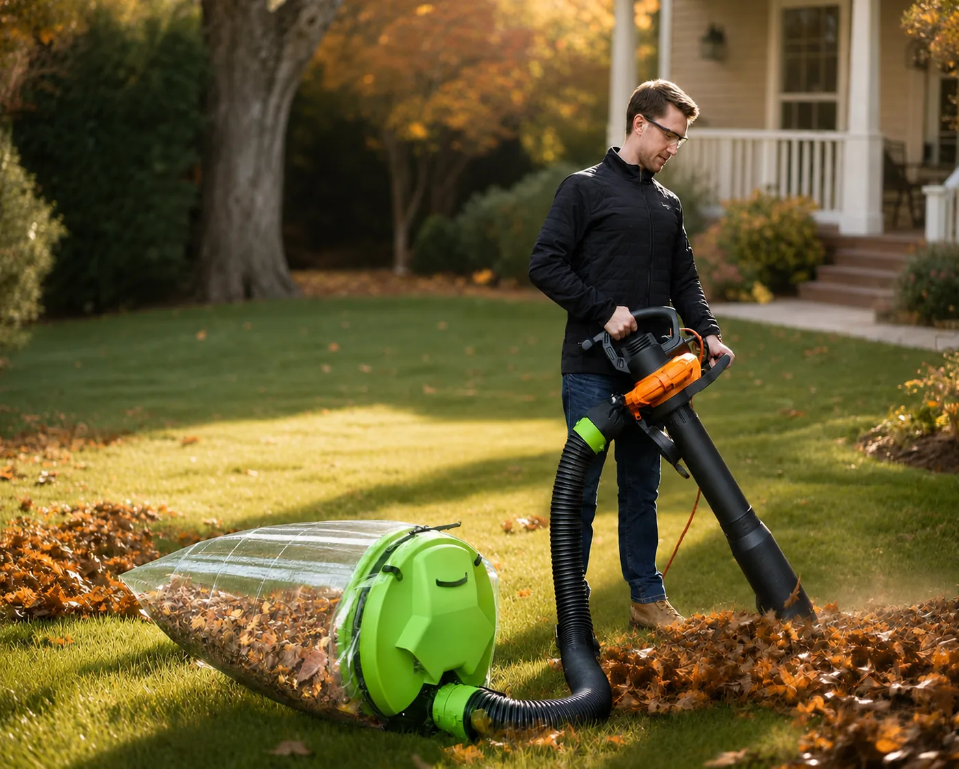 Leaf Vac connected to a blower-vacuum and collecting leaves directly into a clear yard-waste bag