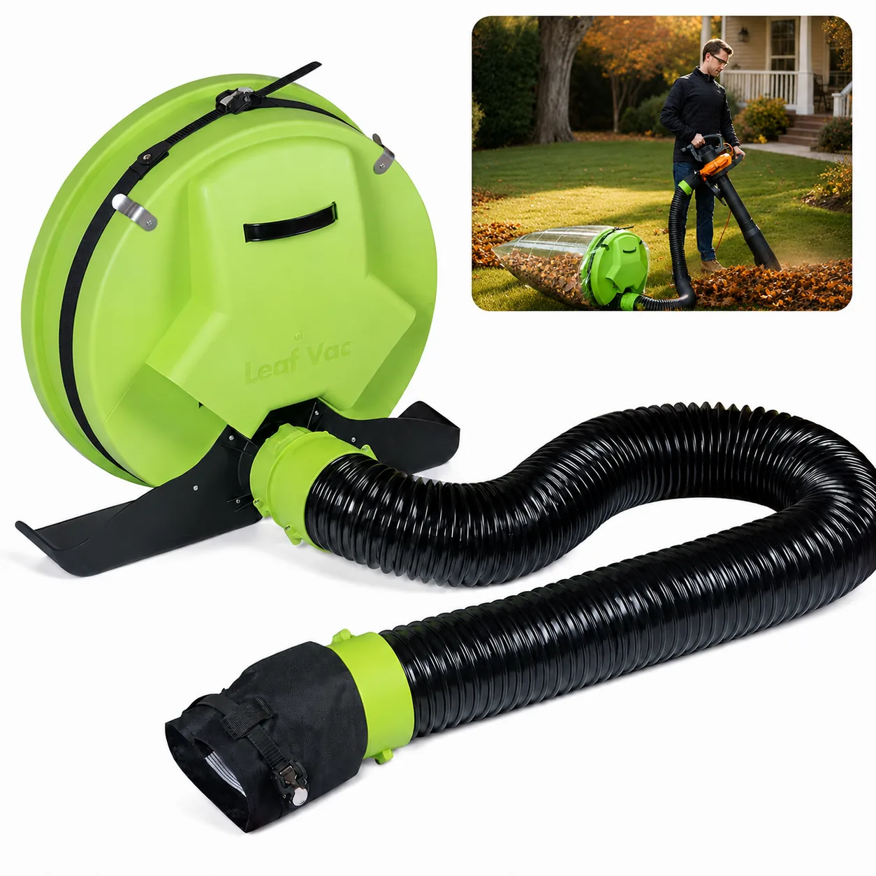 Leaf Vac product with flexible hose, universal connector and inset showing the system in use
